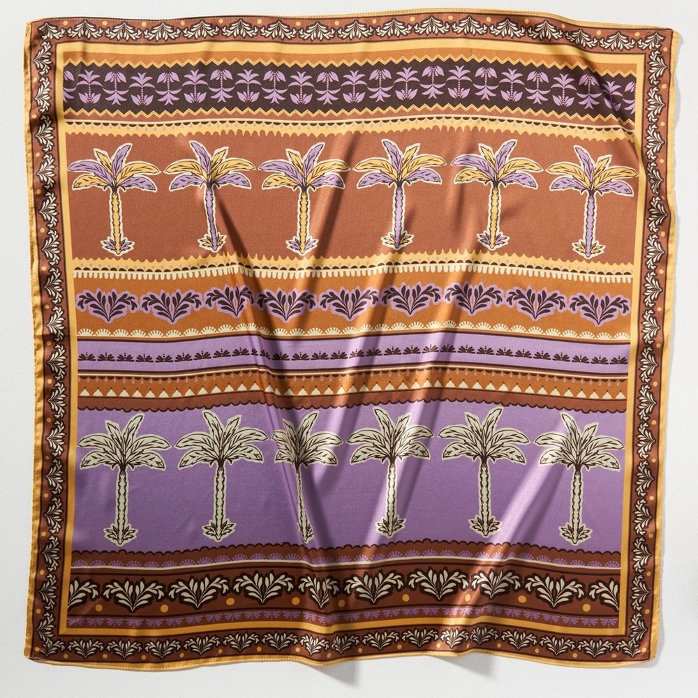 Anthropologie Scarves PAIR Botanical Palms Black Purple Copper 27” SQUARE NEW - Picture 2 of 5